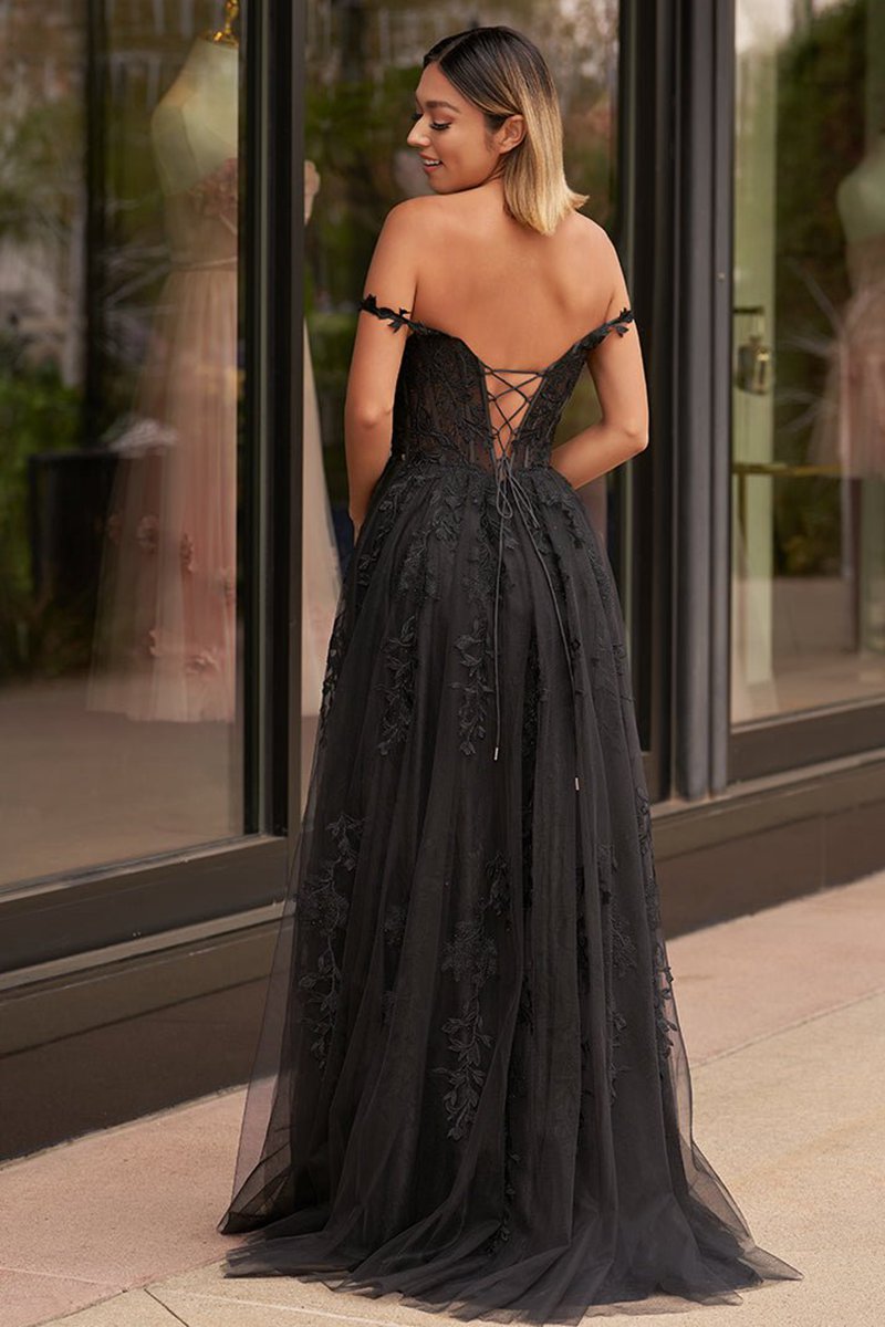 A-line Sweetheart Lace Tulle Prom Dresses with Slit