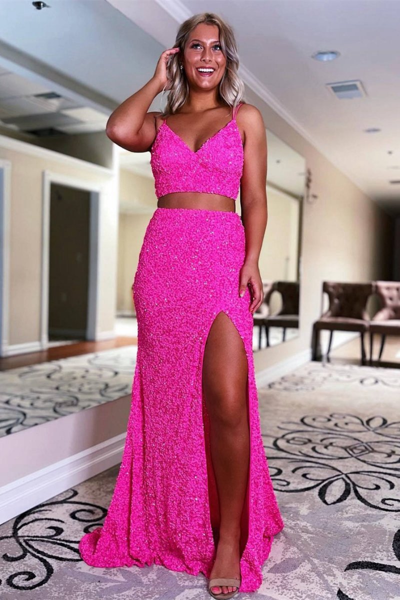 Two Piece Mermaid Sequins Prom Dresses with Slit
