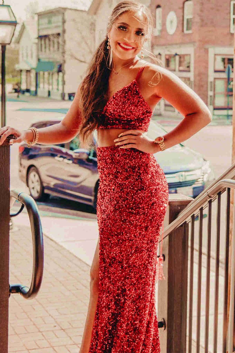 Two Piece Mermaid Sequins Prom Dresses with Slit