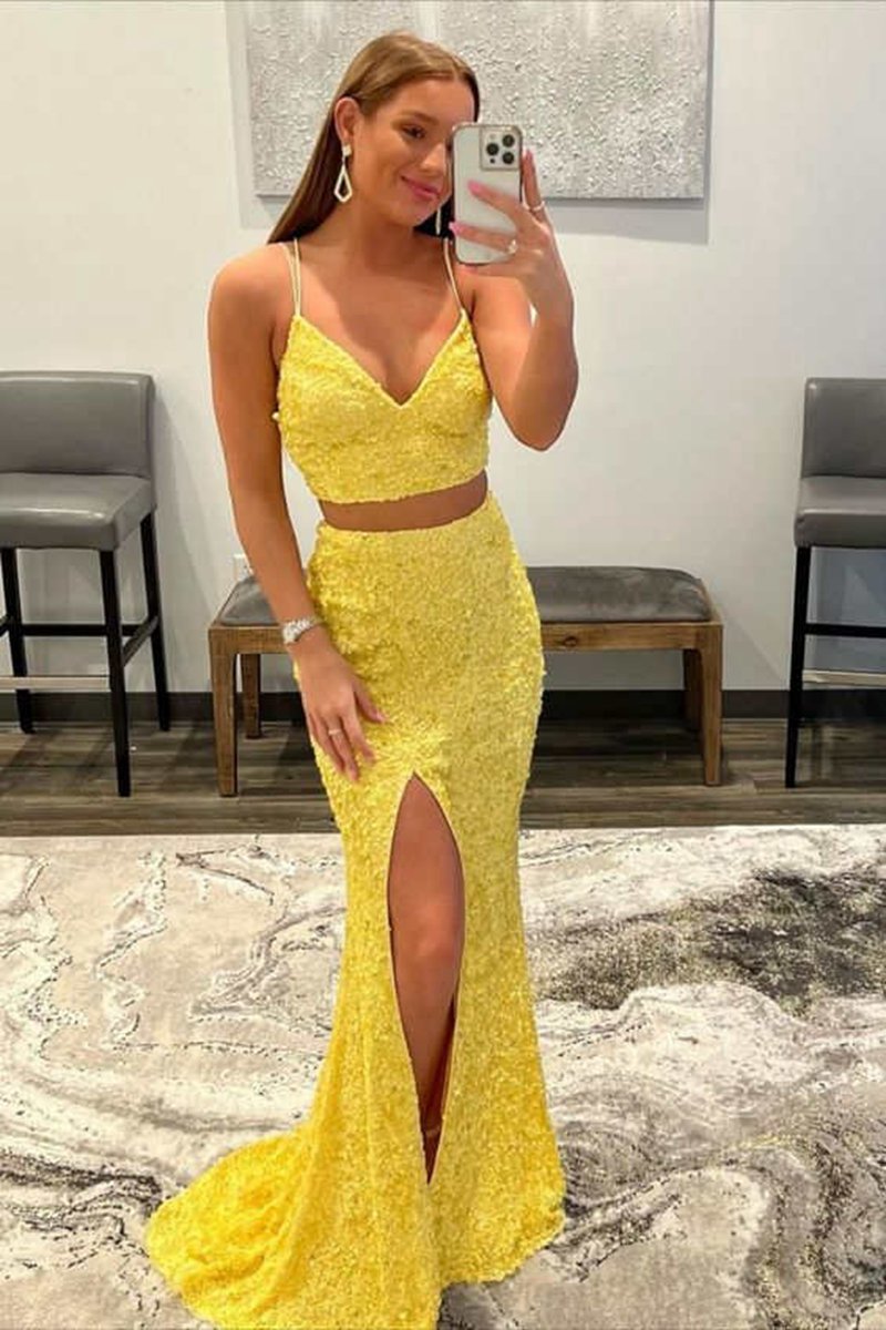 Two Piece Mermaid Sequins Prom Dresses with Slit