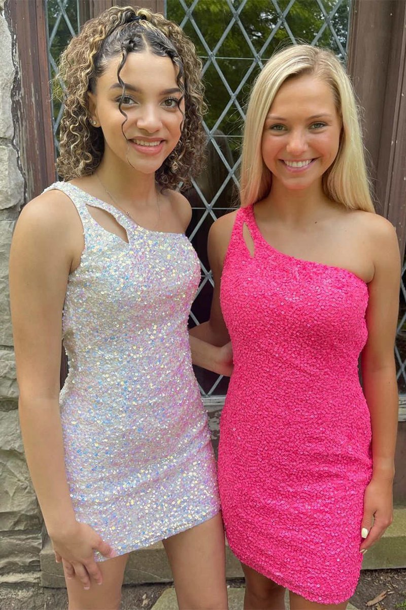 Sparkly Bodycon One Shoulder Sequins Short Homecoming Dresses with Keyhole