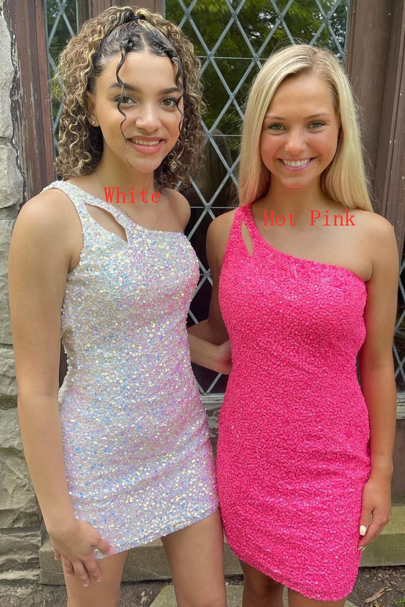 Sparkly Bodycon One Shoulder Sequins Short Homecoming Dresses with Keyhole