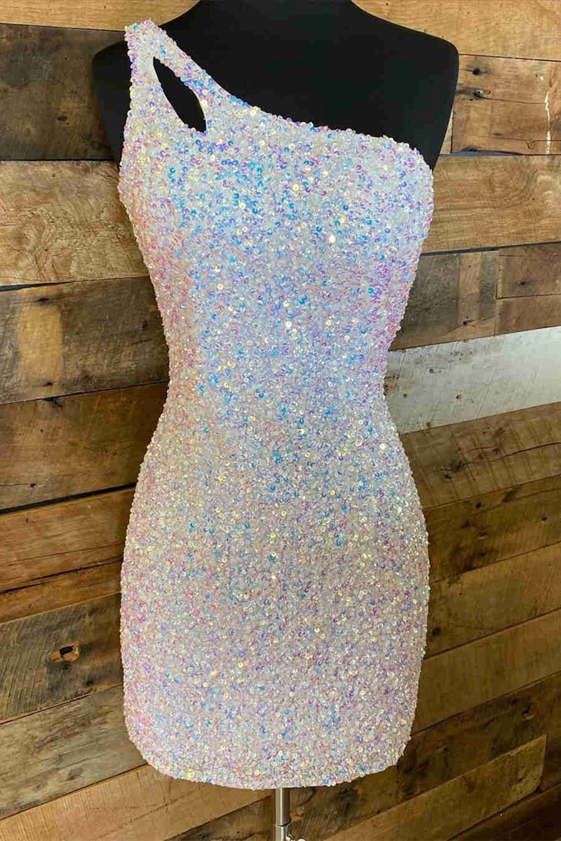 Sparkly Bodycon One Shoulder Sequins Short Homecoming Dresses with Keyhole