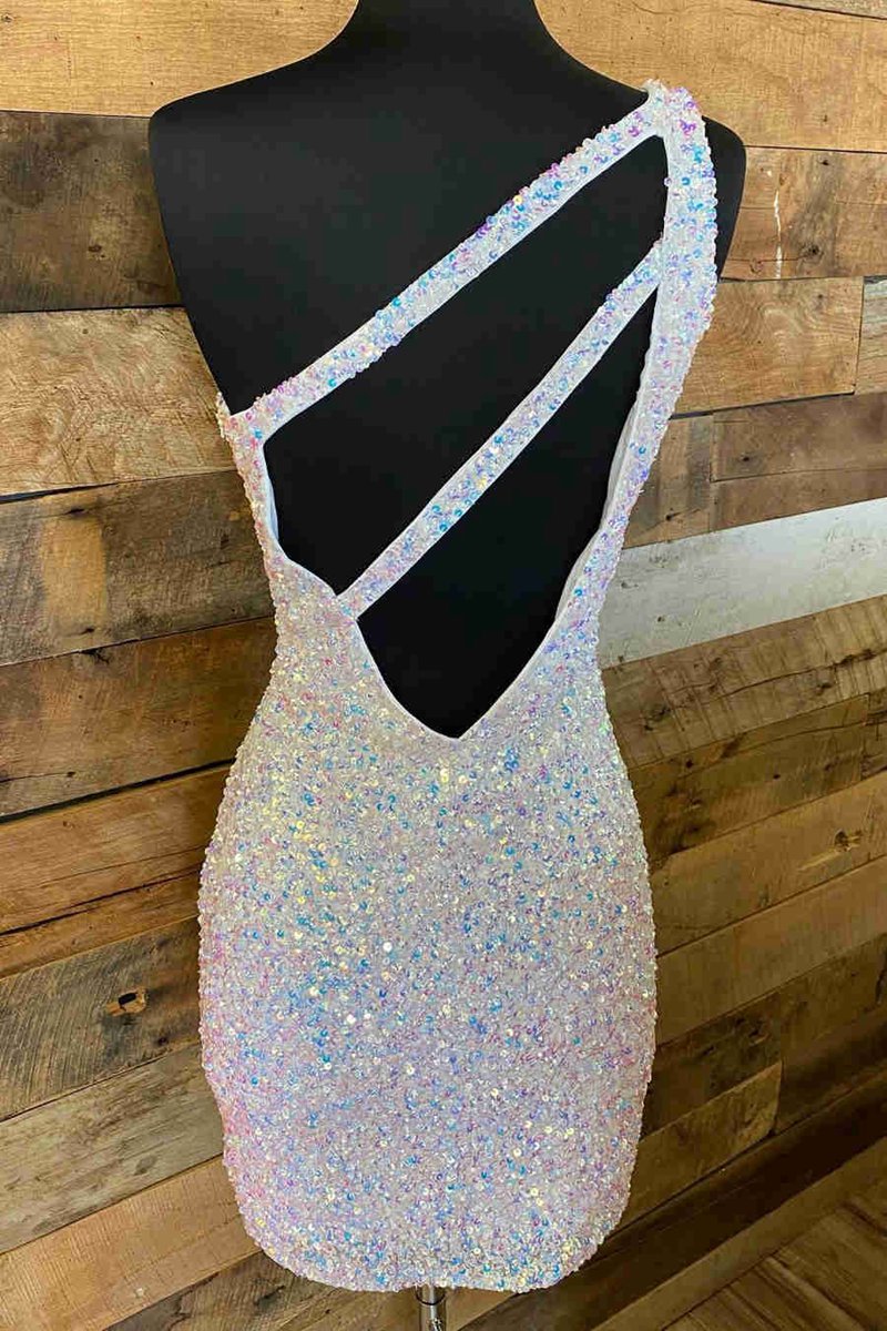 Sparkly Bodycon One Shoulder Sequins Short Homecoming Dresses with Keyhole