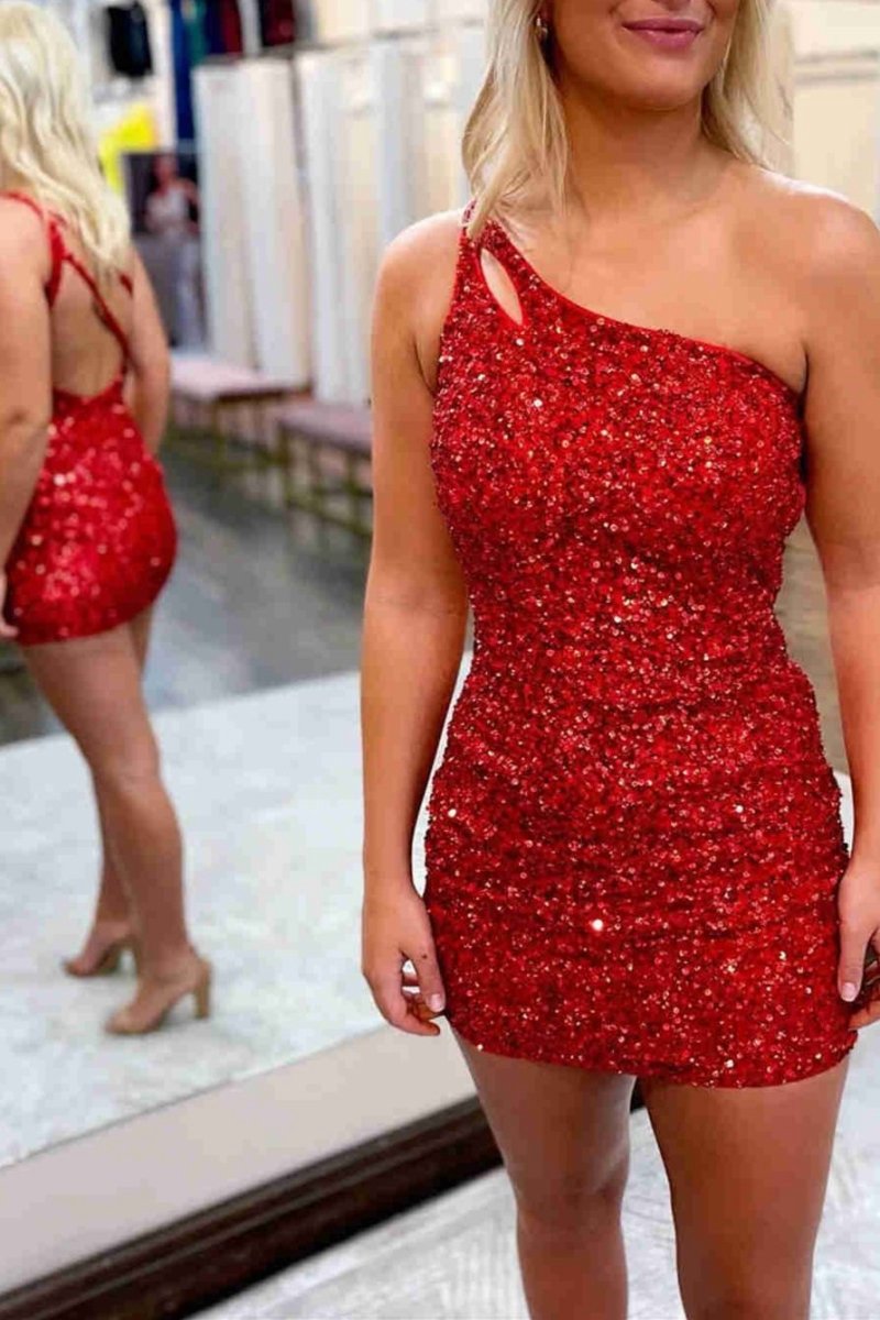 Sparkly Bodycon One Shoulder Sequins Short Homecoming Dresses with Keyhole