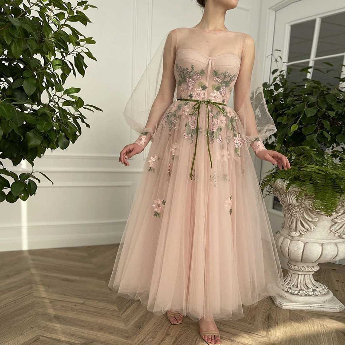 A-line Scoop Long Sleeve Tulle Prom Dresses with Floral Embroidery