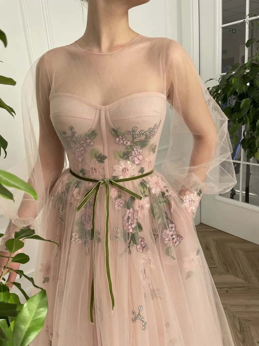A-line Scoop Long Sleeve Tulle Prom Dresses with Floral Embroidery