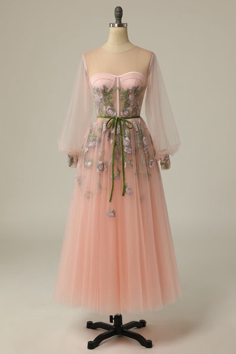 A-line Scoop Long Sleeve Tulle Prom Dresses with Floral Embroidery