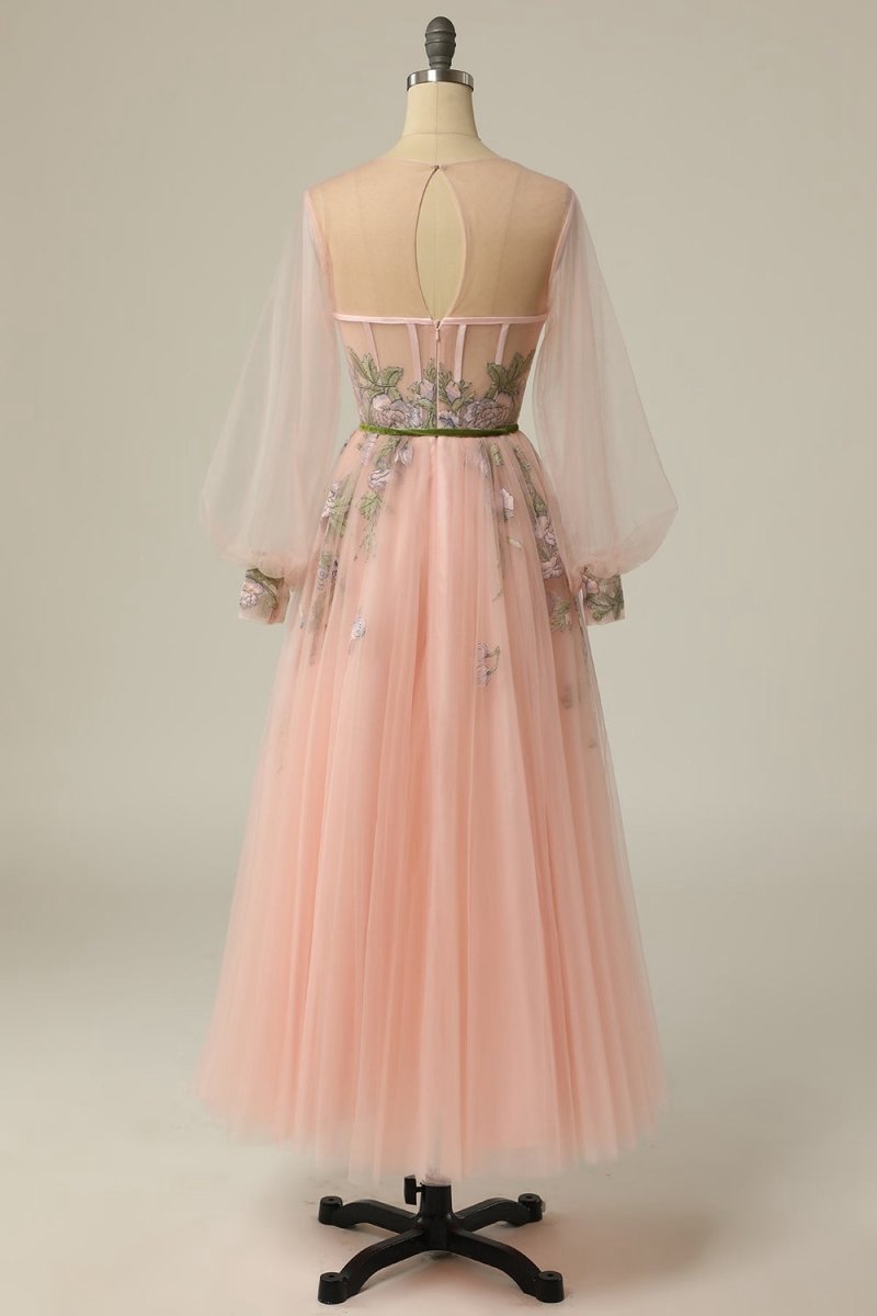 A-line Scoop Long Sleeve Tulle Prom Dresses with Floral Embroidery
