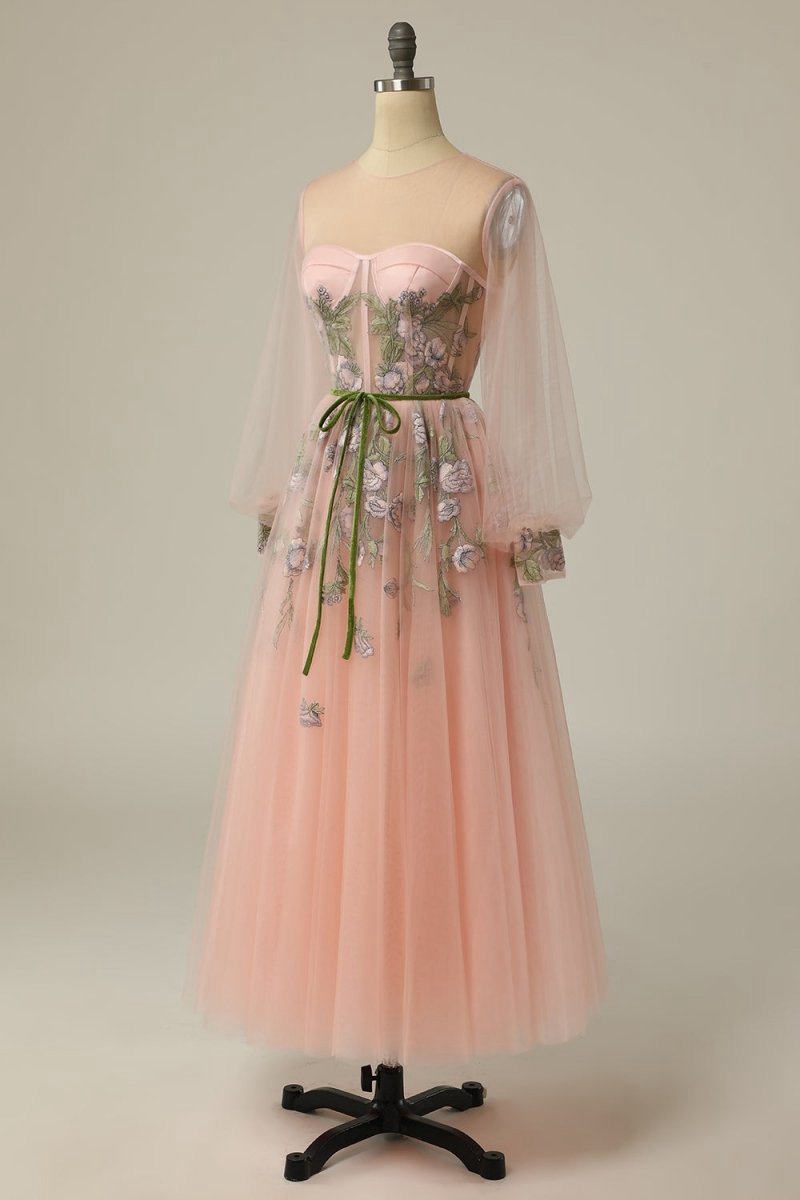 A-line Scoop Long Sleeve Tulle Prom Dresses with Floral Embroidery