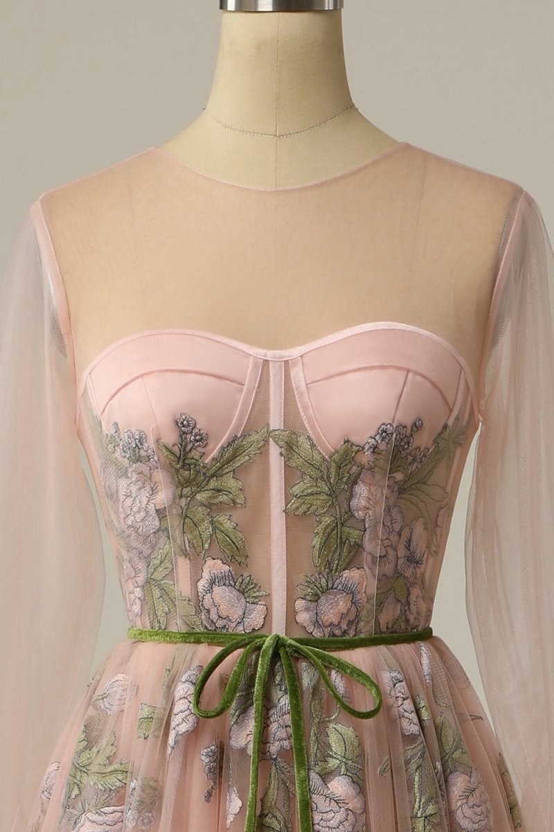A-line Scoop Long Sleeve Tulle Prom Dresses with Floral Embroidery
