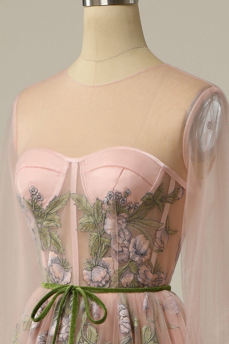 A-line Scoop Long Sleeve Tulle Prom Dresses with Floral Embroidery