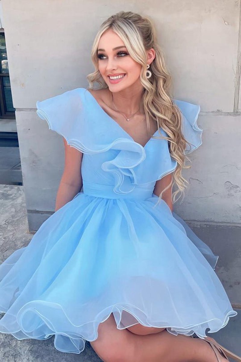 A-line V Neck Organza Ruffles Homecoming Dresses