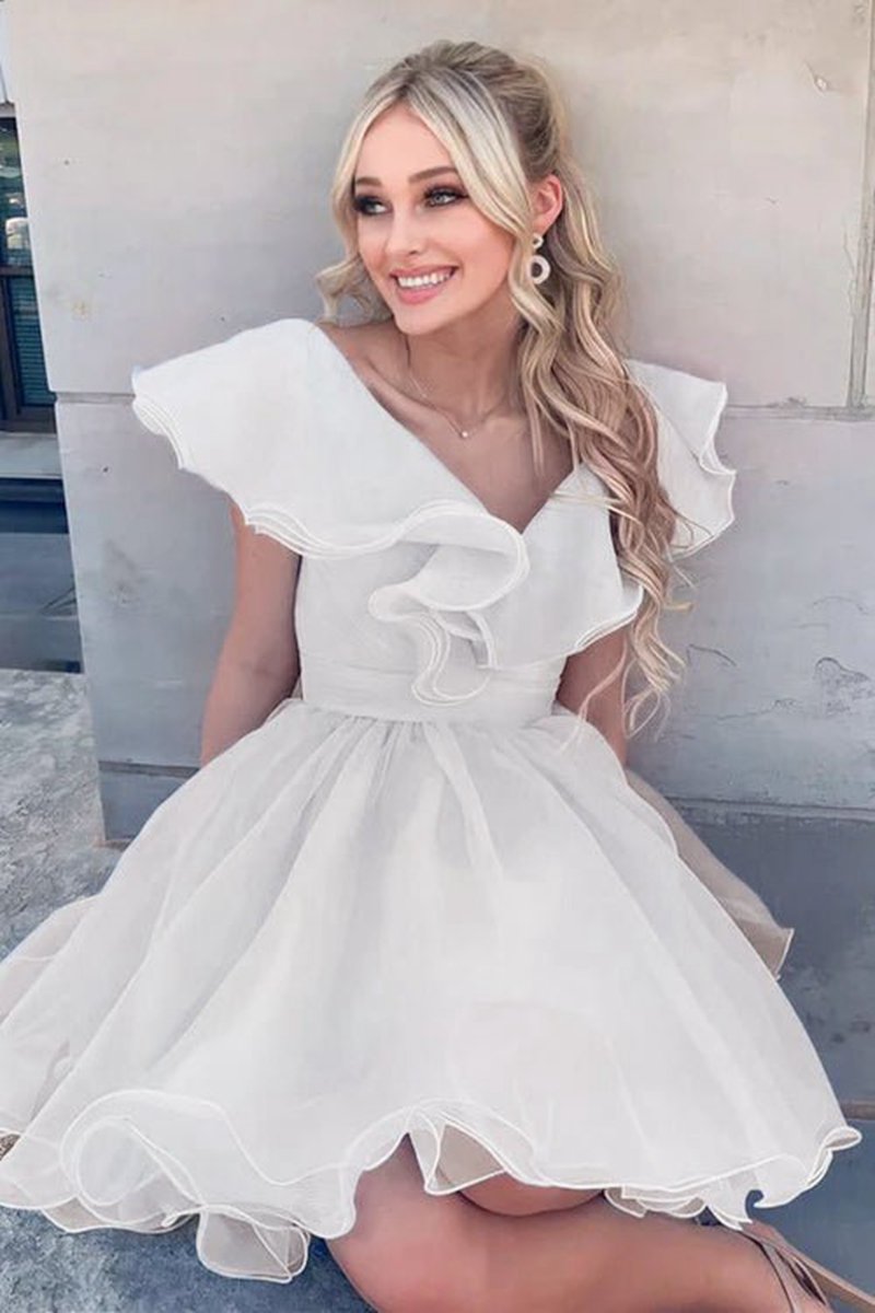 A-line V Neck Organza Ruffles Homecoming Dresses