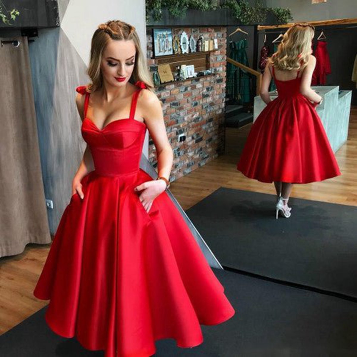 A-line Sweetheart Satin Tea Length Homecoming Dresses