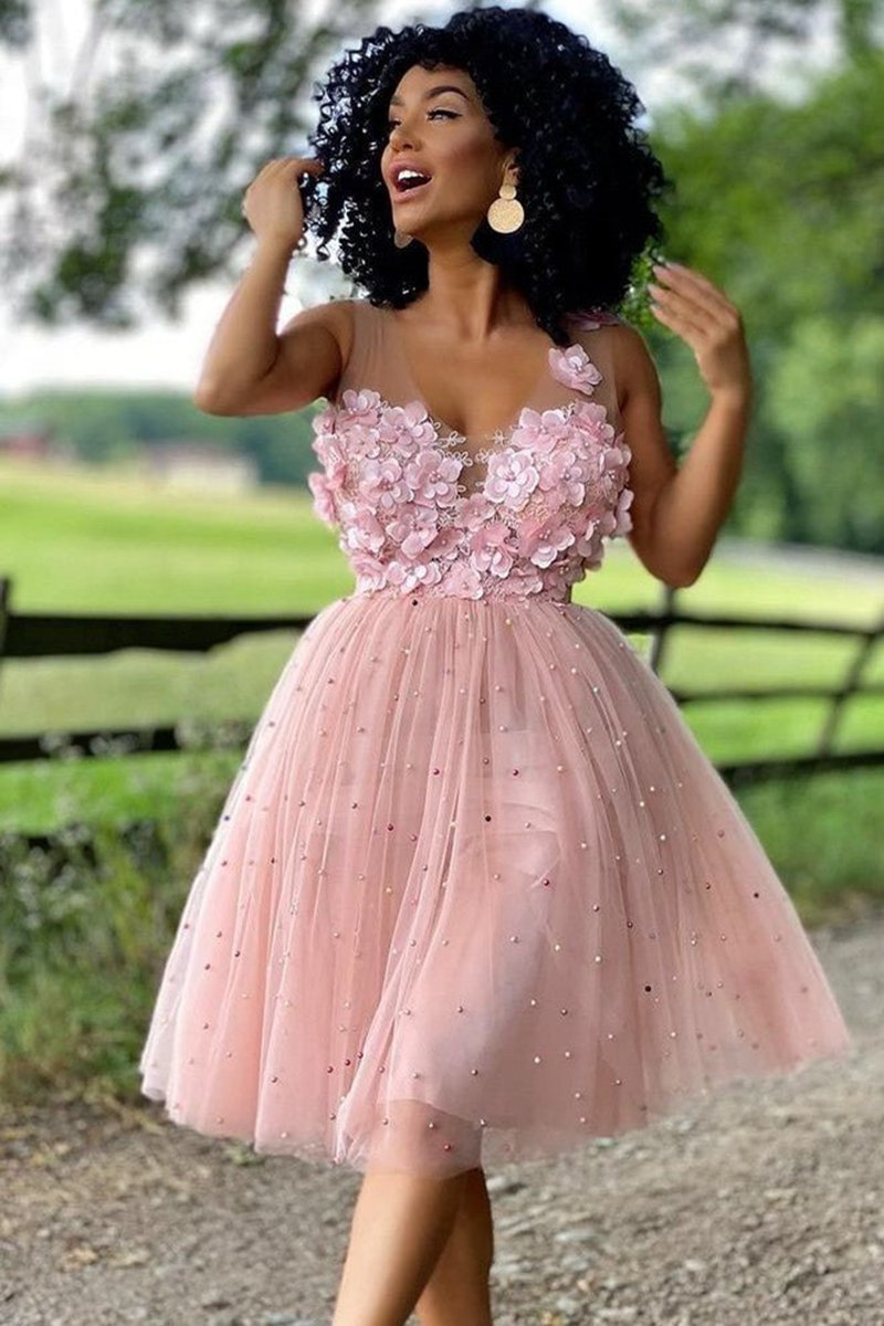 A-line Beaded Tulle Homecoming Dresses with Flowers