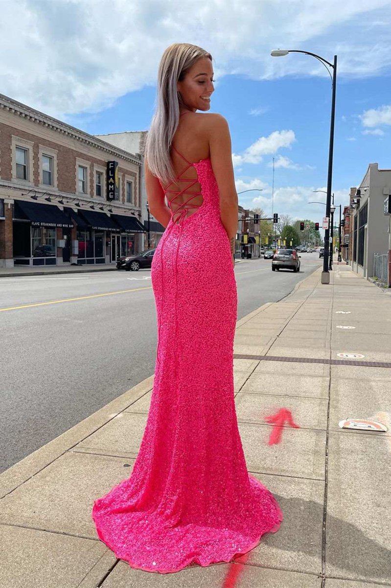 Glitter Straps Sequins Prom Gown with Slit