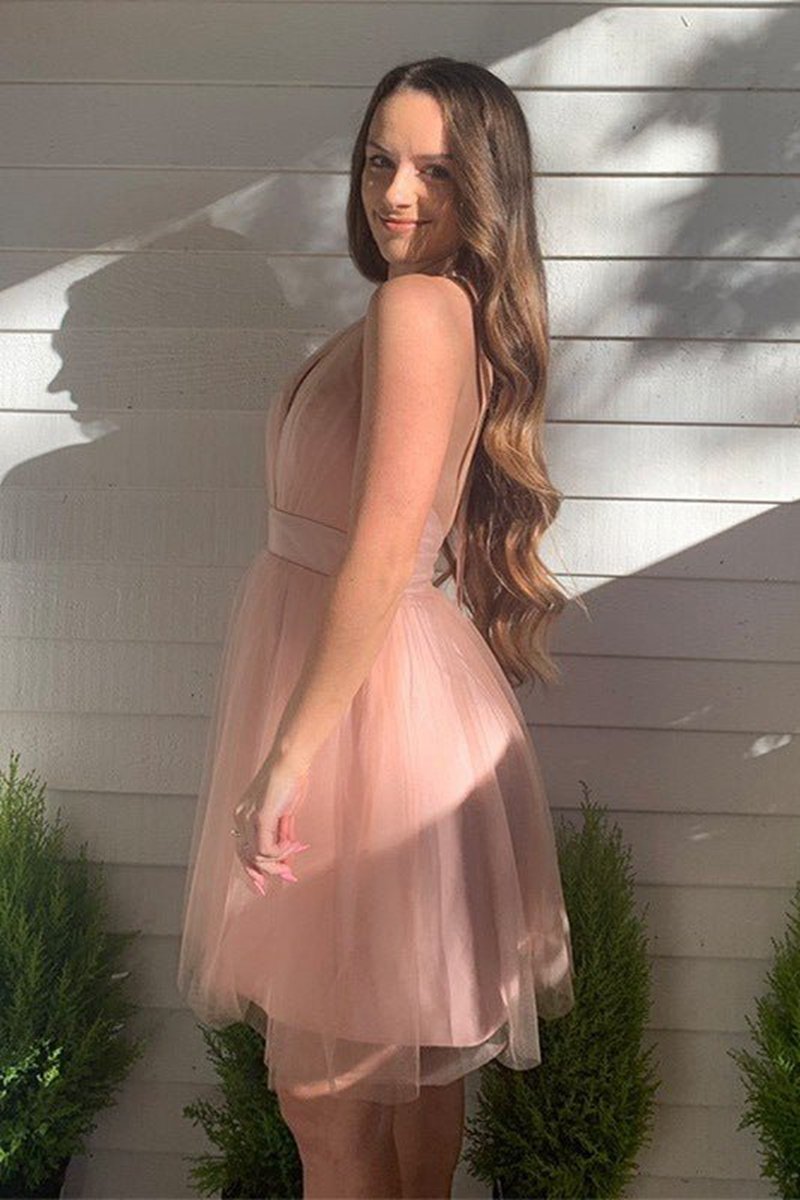 A-line Deep V-Neck Tulle Homecoming Dresses