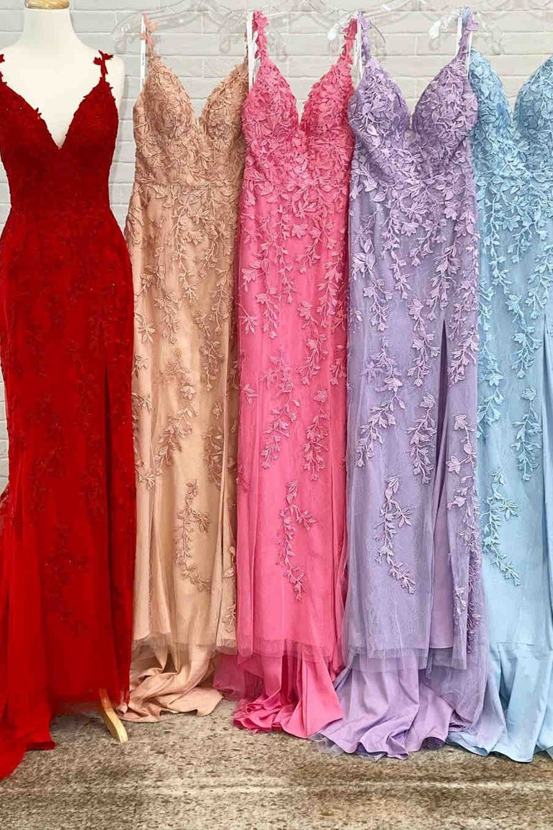 Elegant V-Neck Light long Prom Dresses with Lace Appliques