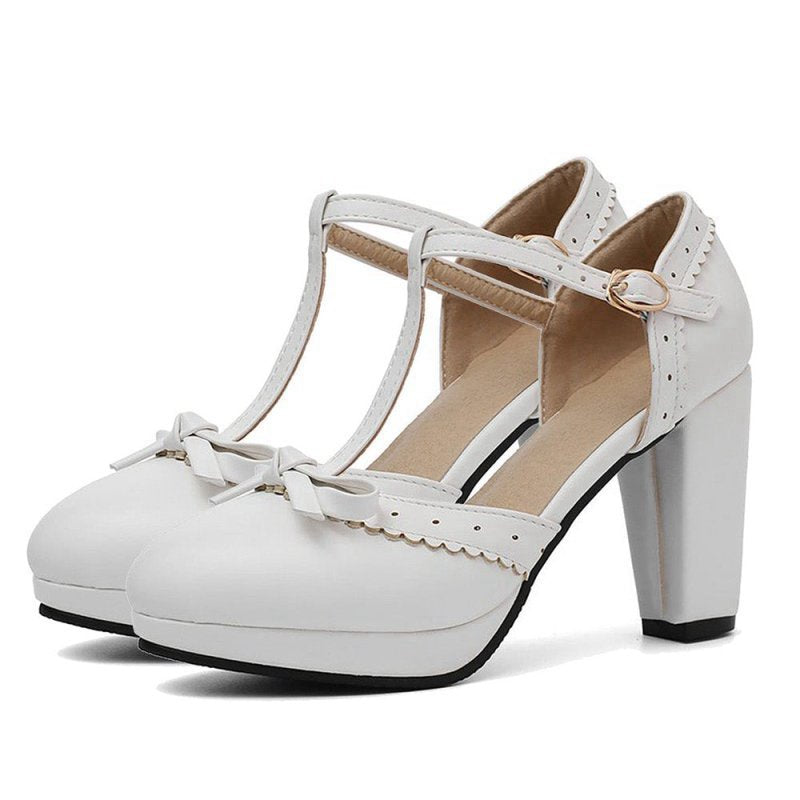 Retro Bow T-Strap High Heels Shoes
