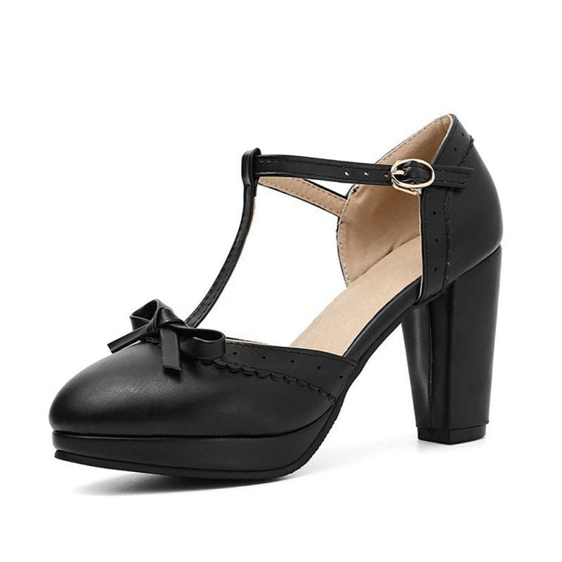 Retro Bow T-Strap High Heels Shoes