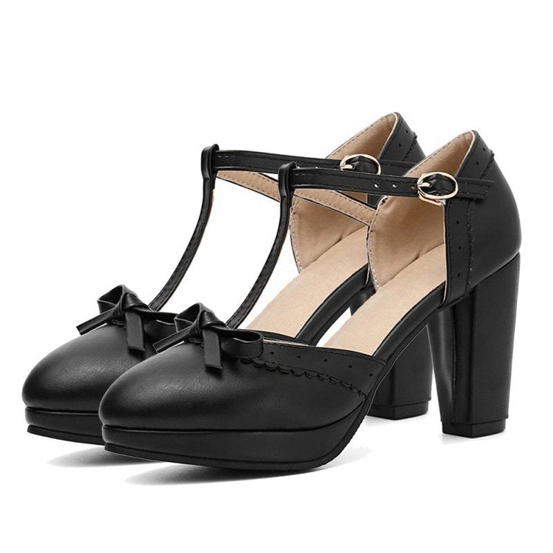 Retro Bow T-Strap High Heels Shoes