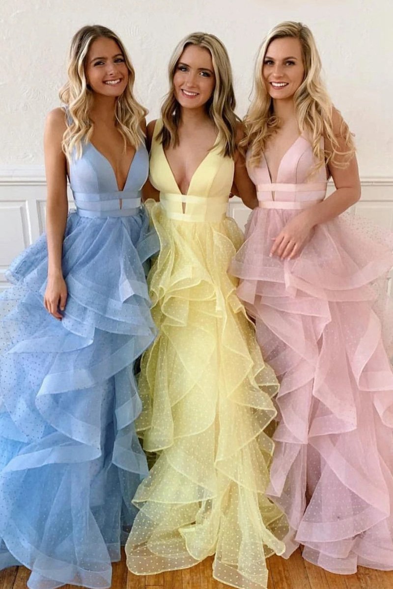A-line V Neck Cascading Ruffles Long Prom Dresses