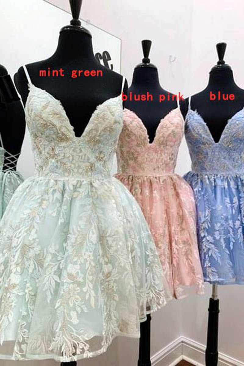 A-line Spaghetti Straps Short Lace Homecoming Dresses