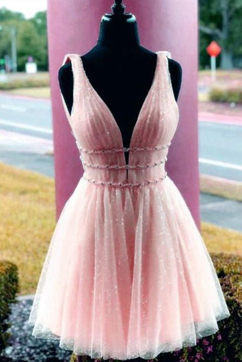 A-line Tulle V Neck Homecoming Dresses with Beading