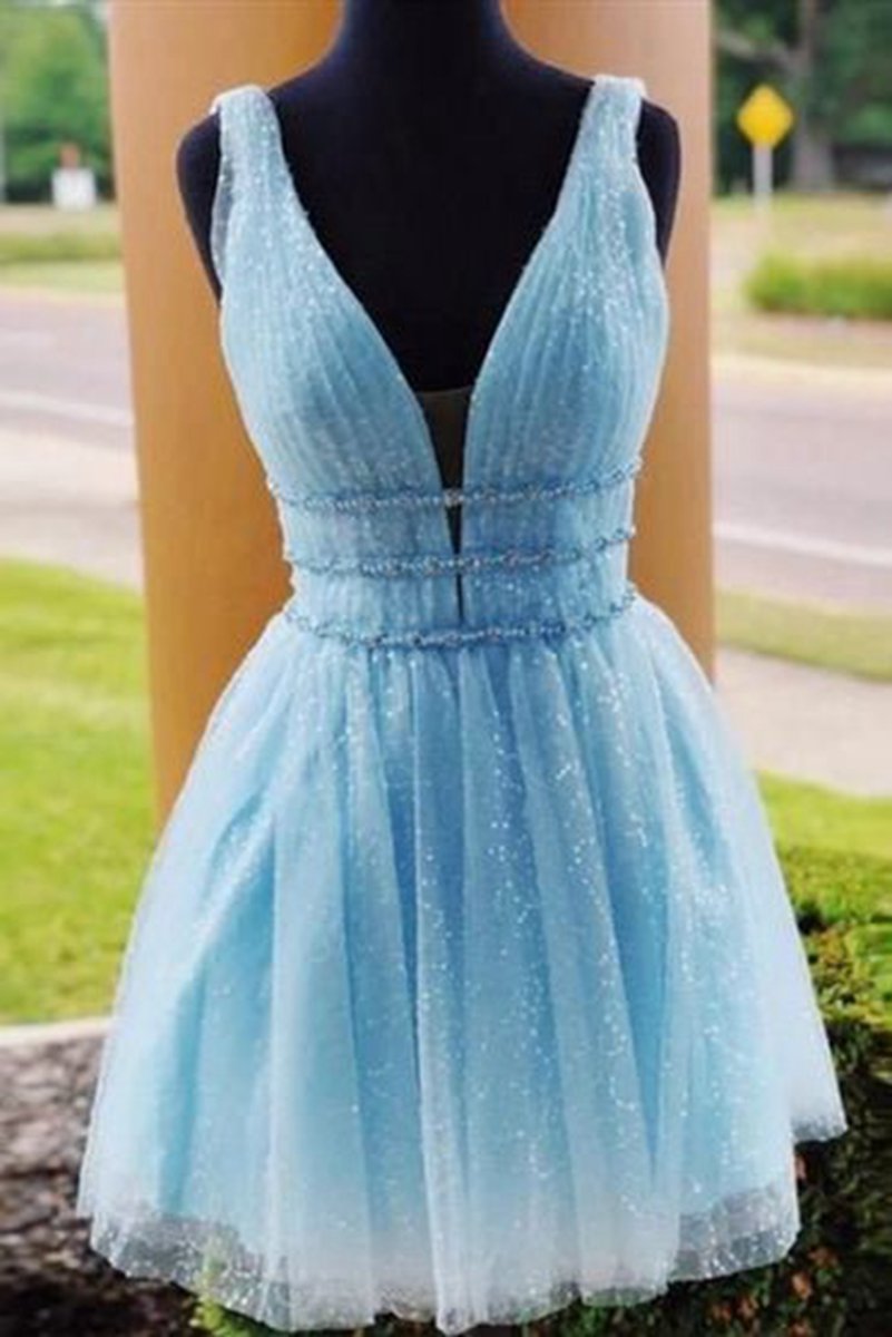 A-line Tulle V Neck Homecoming Dresses with Beading