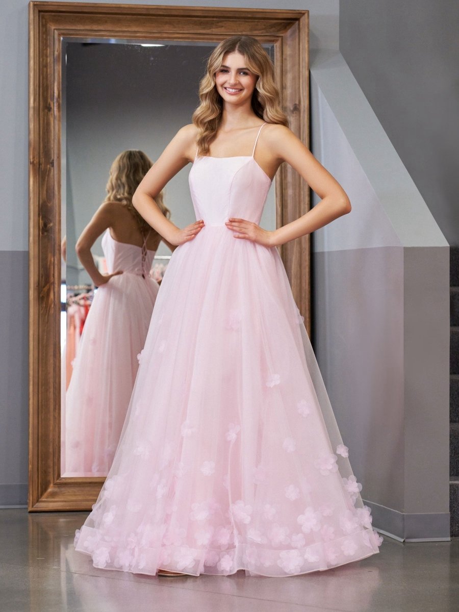 A-line Spaghetti Straps Tulle Prom Dresses