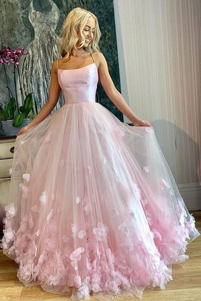 A-line Spaghetti Straps Tulle Prom Dresses