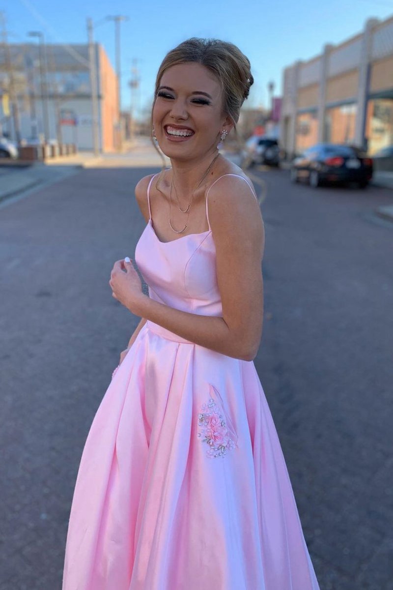 Elegant Straps A-line Long Prom Dresses with Beaded Pockets