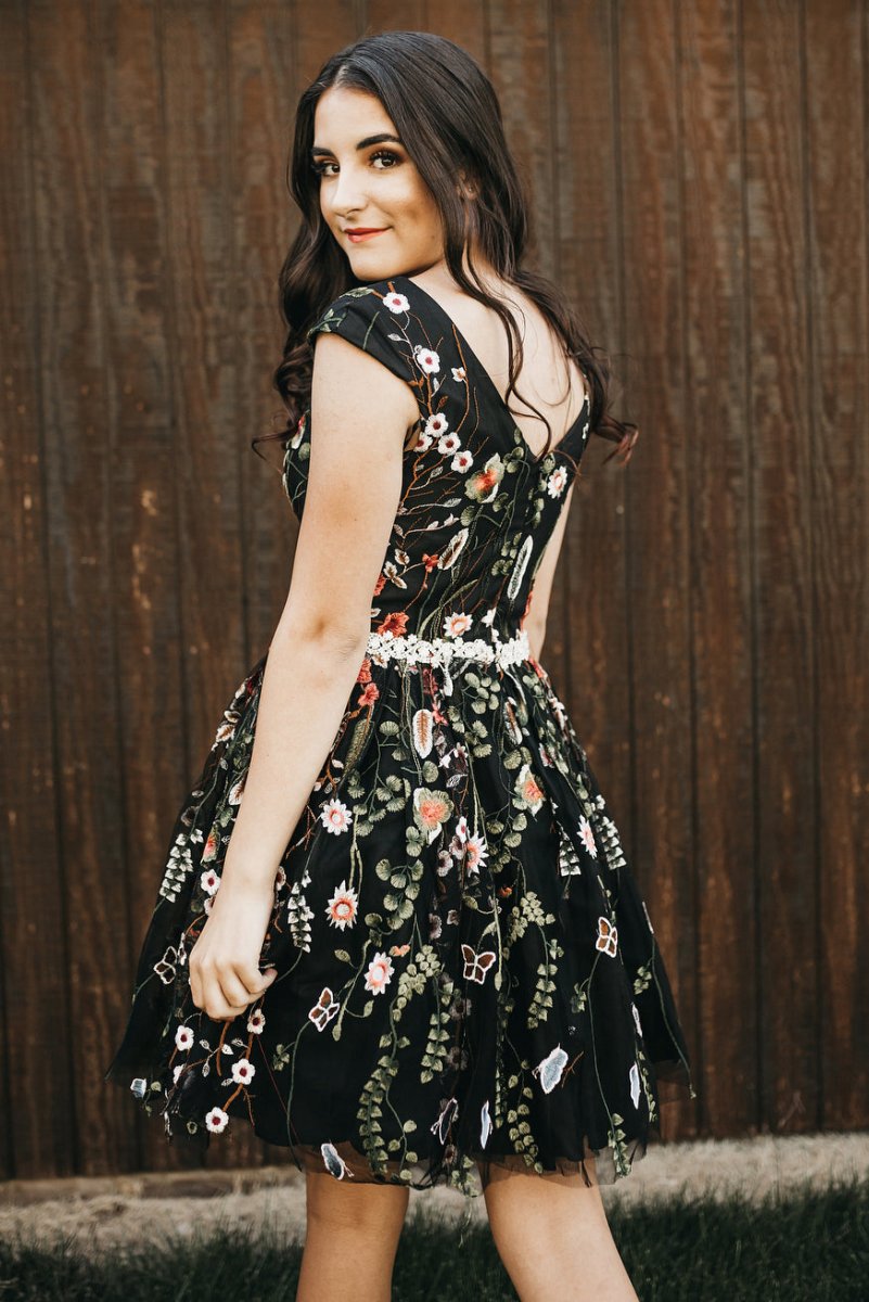 V-Neck Floral Homecoming Dresses with Beaded Waist