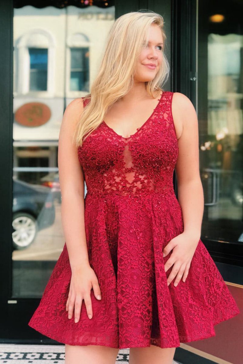 A-line Lace Homecoming Dresses with Sheer Back