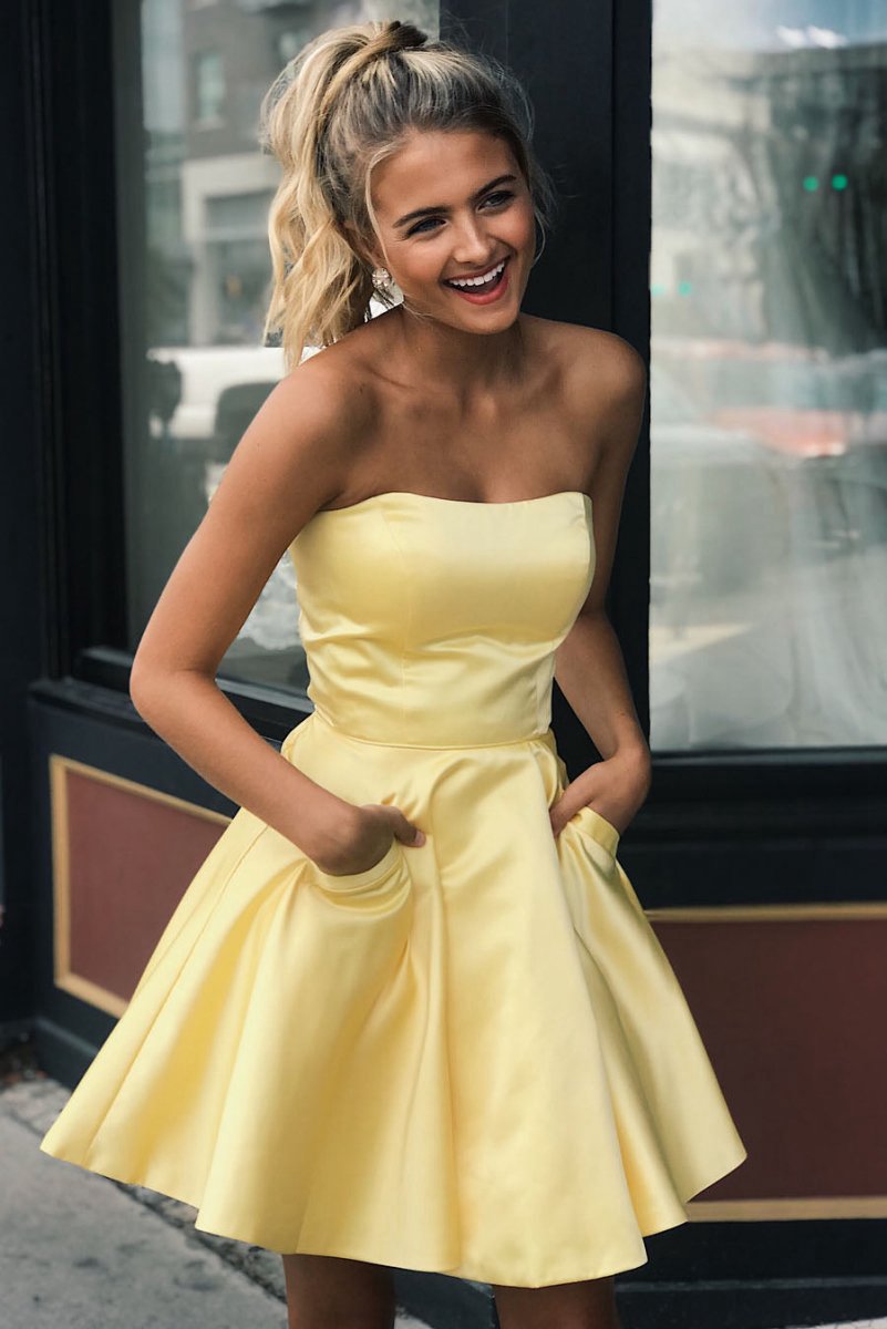 A-line Strapless Satin Homecoming Dresses with Pockets