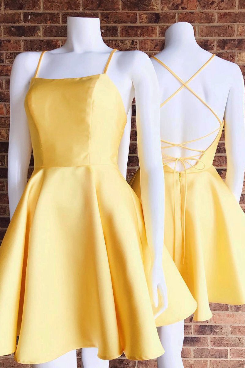 Spaghetti Straps Criss Cross Daffodil Homecoming Dresses