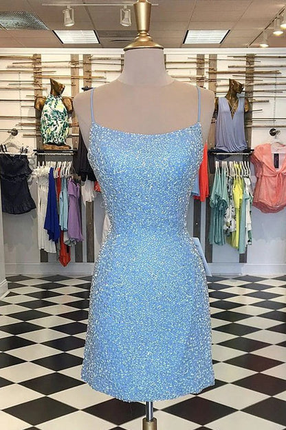 Bodycon Sequins Spaghetti Straps Short Homecoming Dresses with Criss Cross Back