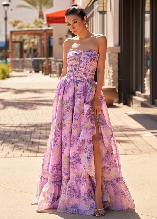 A-line Corset Detachable Sweetheart Floral Long Prom Dresses