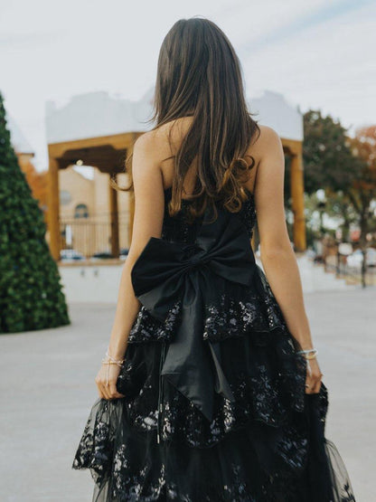 A-line Sweetheart Sequin Ruffles Long Prom Dresses with Bow
