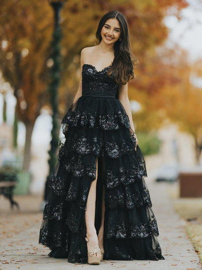 A-line Sweetheart Sequin Ruffles Long Prom Dresses with Bow