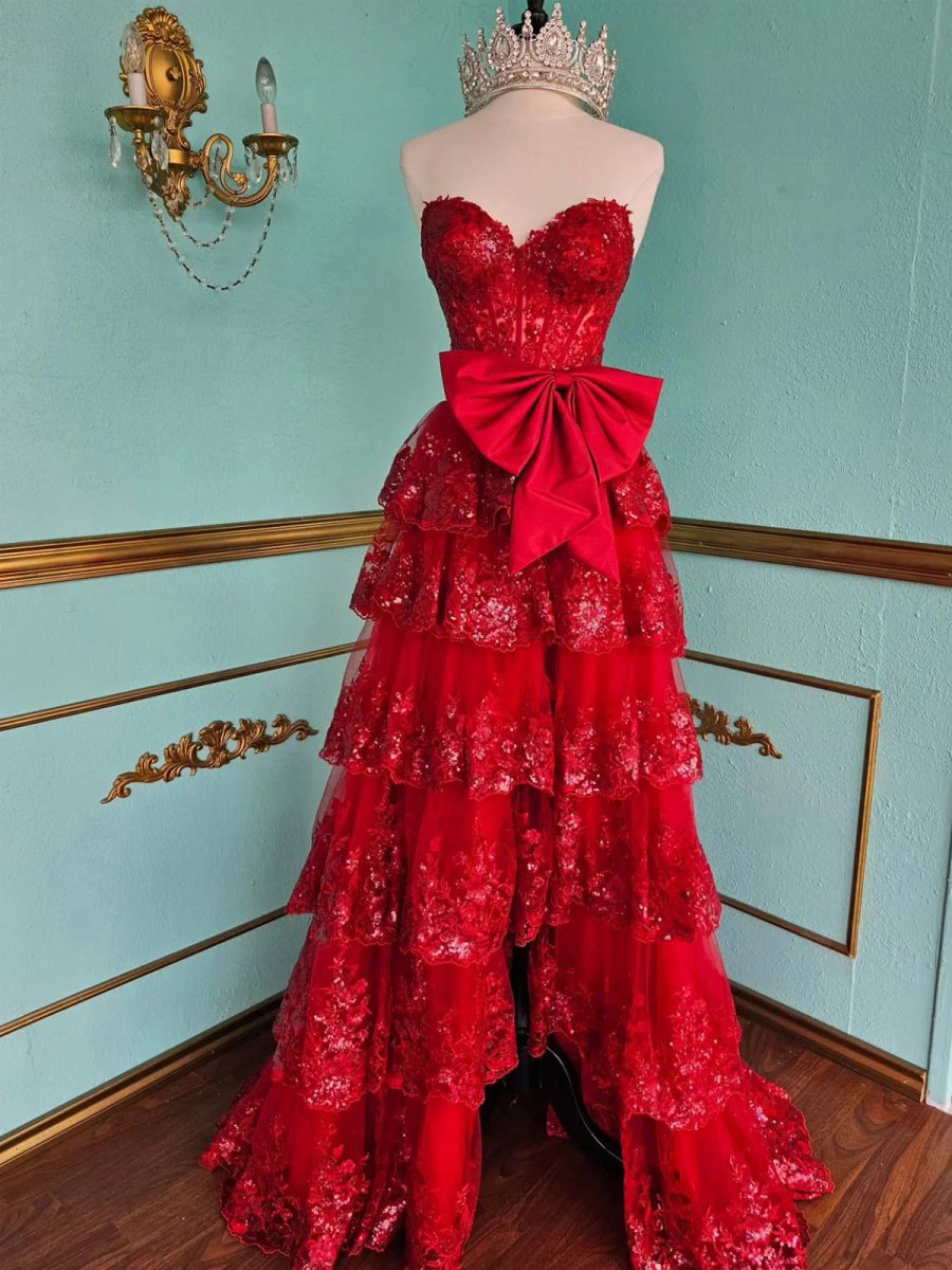 A-line Sweetheart Sequin Ruffles Long Prom Dresses with Bow