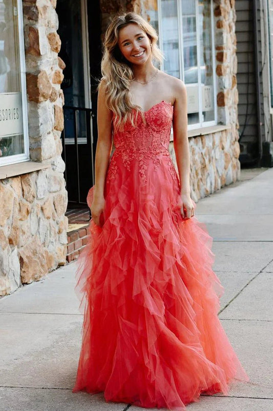 A-line Coral Tulle Strapless Layered Prom Dresses with Appliques