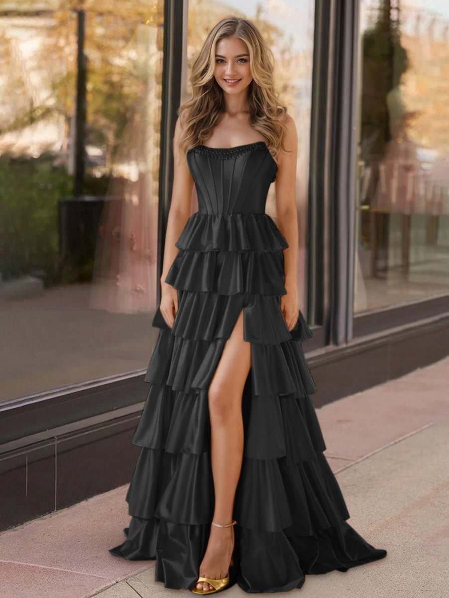 Strapless Satin Ruffle Tie Beaded A-line Prom Dresses