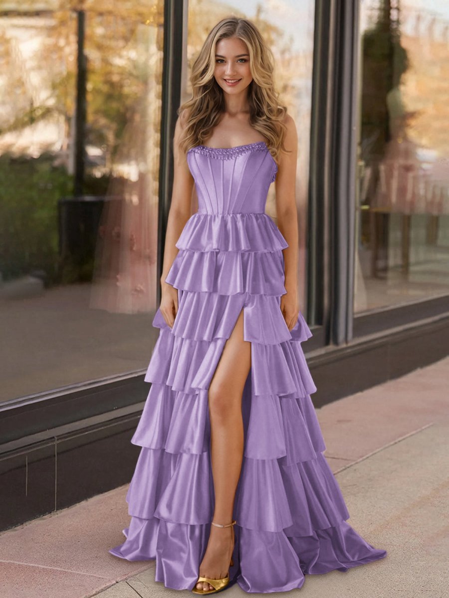 Strapless Satin Ruffle Tie Beaded A-line Prom Dresses