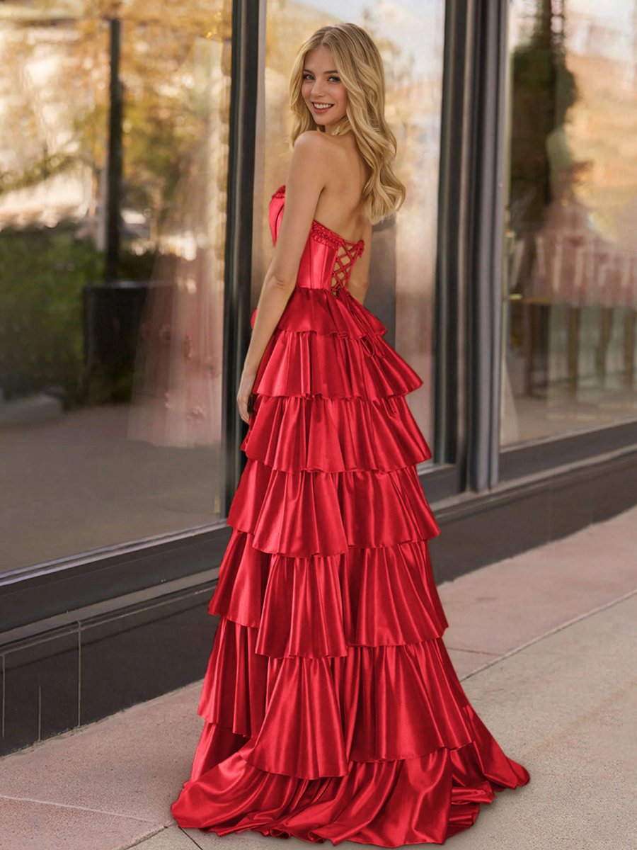 Strapless Satin Ruffle Tie Beaded A-line Prom Dresses