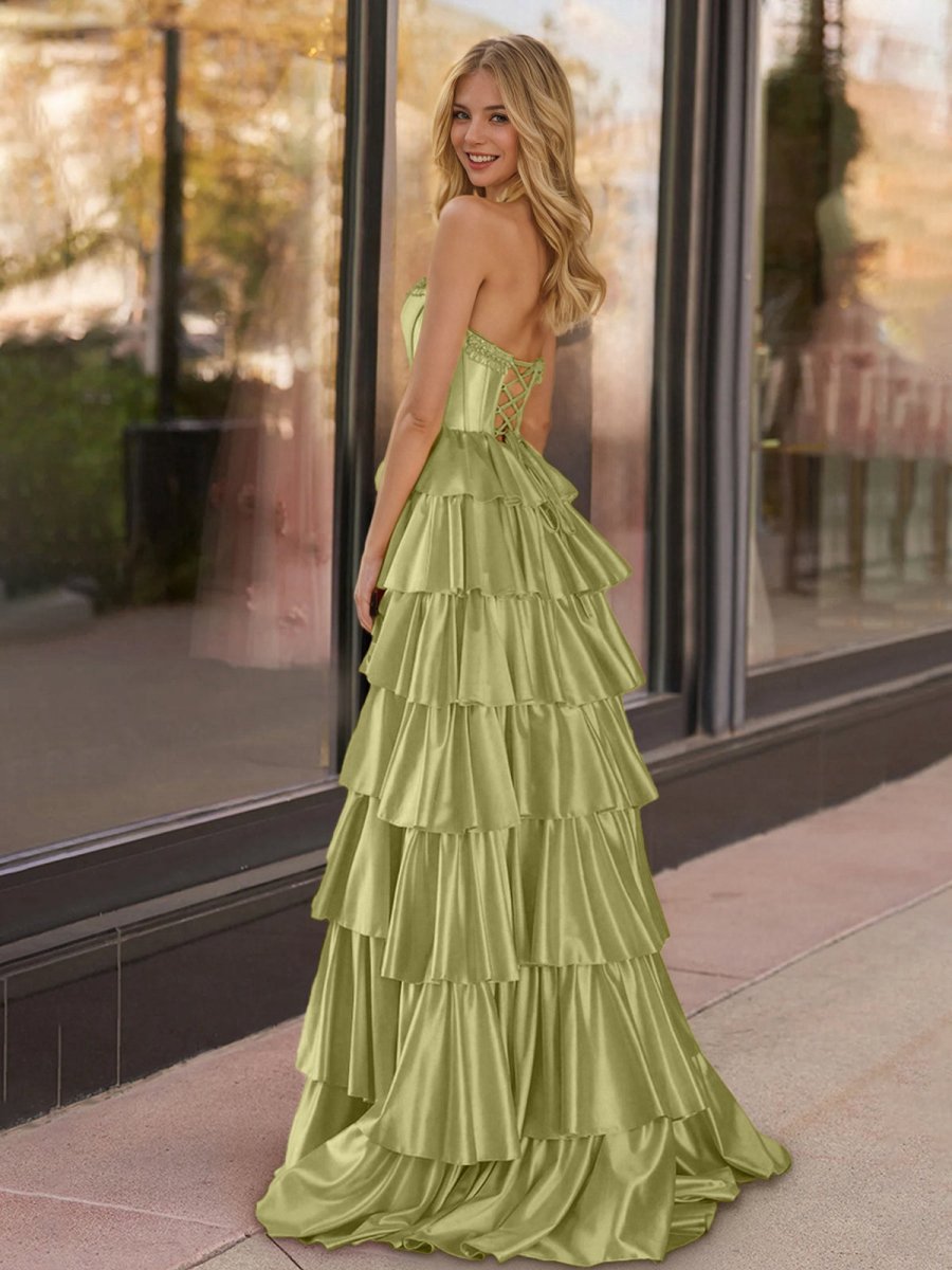 Strapless Satin Ruffle Tie Beaded A-line Prom Dresses