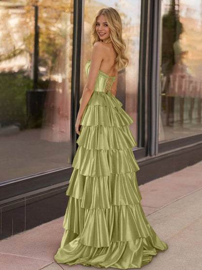 Strapless Satin Ruffle Tie Beaded A-line Prom Dresses