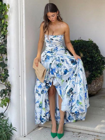 A-line Printed Strapless Long Prom Dresses