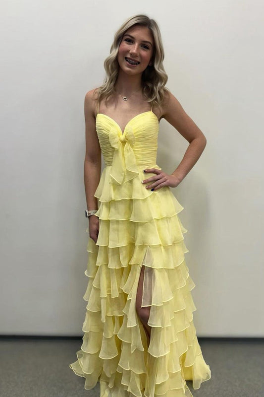 A-line Spaghetti Straps Long Prom Dresses with Ruffles